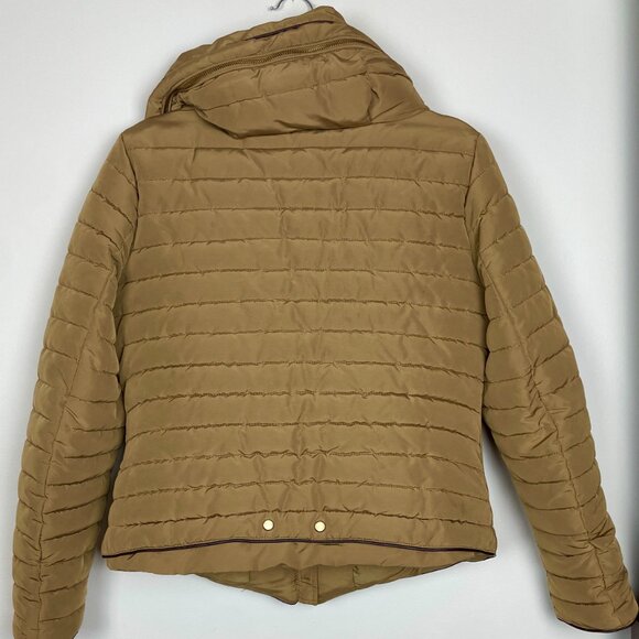 Zara Tan Quilted Puffer Jacket Faux Fur Hood Size L - Picture 3 of 9